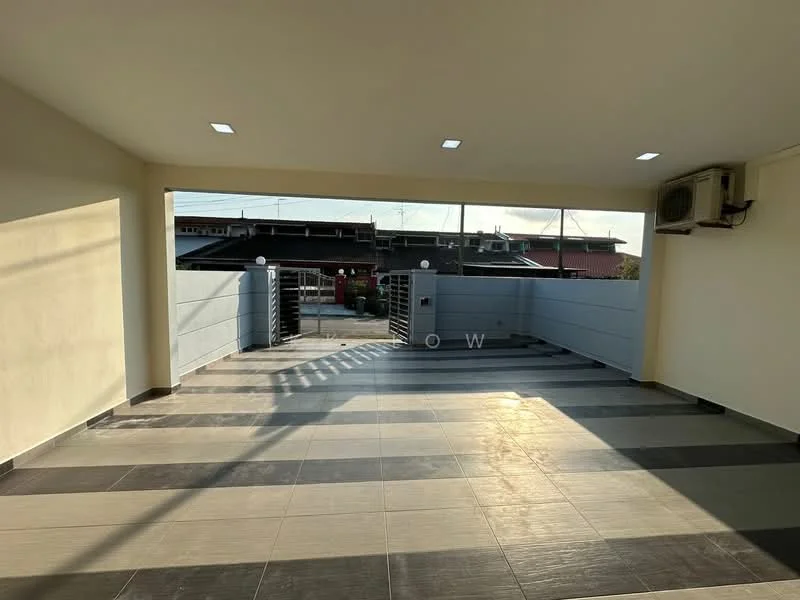 Exterior features: open-air parking area, grey tiled flooring, white painted walls, wall-mounted split AC unit, gate access, fenced perimeter, natural light from entrance, modern lighting fixtures; style: modern.