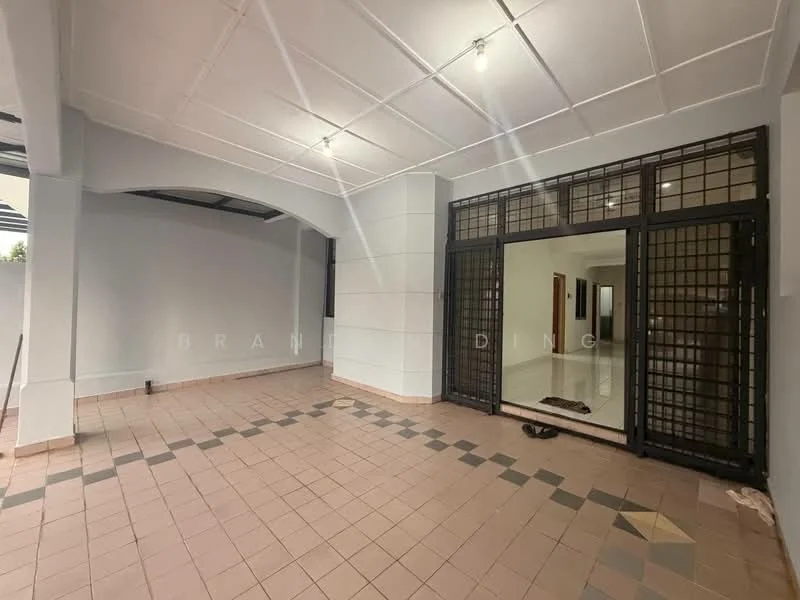 Room features: white painted walls, tile flooring in beige and grey, exposed ceiling with lights, black metal grilles on doors, large sliding doors, open space layout, corner area for potential furniture placement, no visible appliances or fixtures; style: modern.