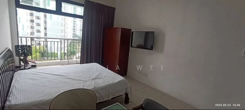 Bedroom features: queen-size bed with white bedding, wooden headboard, floor-to-ceiling windows, sliding glass door to balcony, curtains, wooden wardrobe, wall-mounted TV, tile flooring, decorative lamp on bedside table, small study desk, chair; style: modern; view: city.