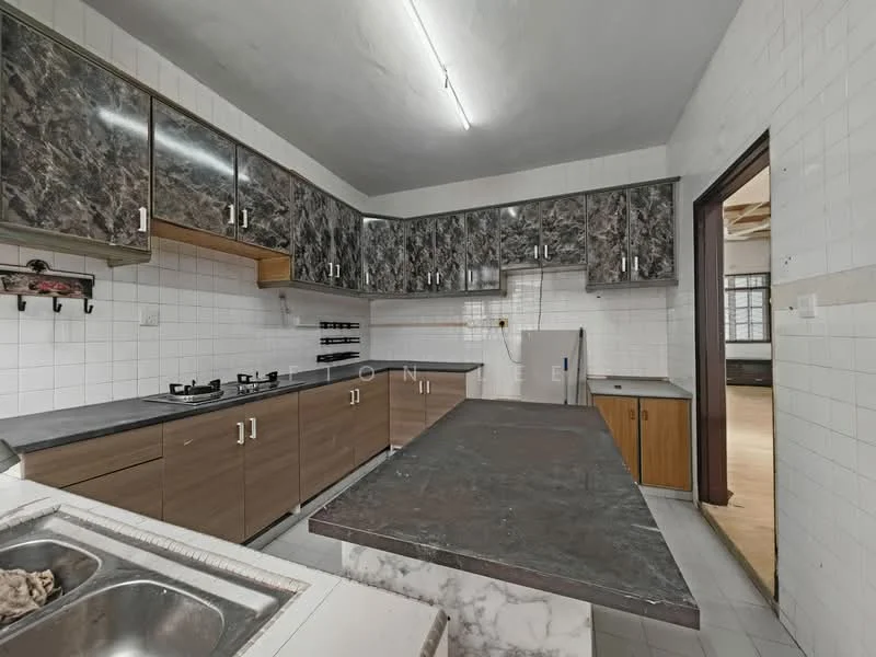 Kitchen features: dark marble countertop, wood cabinetry with dark finish, white tiled backsplash, gas stove with two burners, double-bowl stainless-steel sink, kitchen island, open shelving, tile flooring, fluorescent ceiling light; style: modern.
