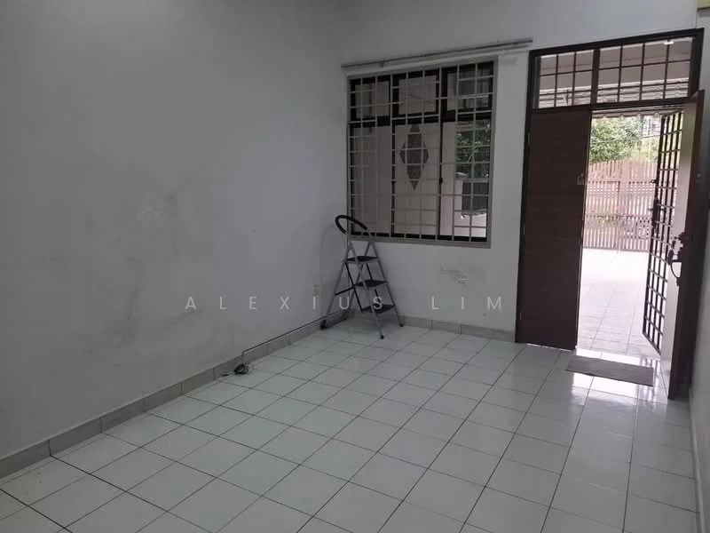 Room features: white painted walls, ceramic tile flooring, window with metal grille, single door, step ladder, door leading outside.