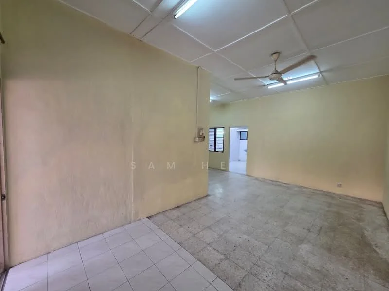 Room features: cream painted walls, white ceiling, ceiling fan, tile flooring, windows with grilles, doorway leading to another room, light fixtures on ceiling, open layout.
