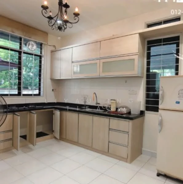 Kitchen features: light wood cabinetry, black granite countertop, stainless-steel sink, chrome pull-down faucet, built-in refrigerator, ceramic tile flooring, white painted walls, window with grid pattern, ceiling fan with light, open shelving, kitchen island, wall-mounted cabinets, under-cabinet lighting; style: modern; view: garden.