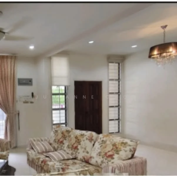 Living features: floral patterned fabric sofa, chandelier, recessed downlights, cream painted walls, white ceiling, floor-to-ceiling windows, sheer curtains, light-colored flooring, wall-mounted air conditioning unit, decorative wall clock; style: modern.
