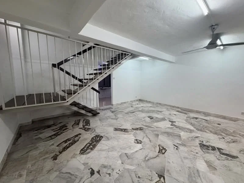 Room features: marble flooring, white painted walls, exposed ceiling, ceiling fan, staircase with wooden treads and white railing, open space layout, recessed lighting; style: modern.