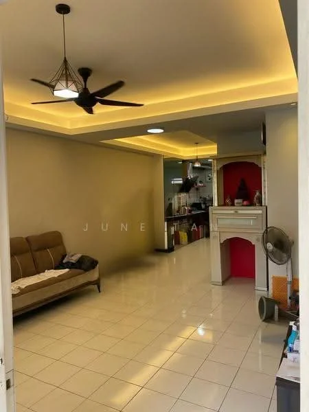 Living features: cream painted walls, white tiled flooring, tray ceiling with recessed lighting, 5-blade ceiling fan, sofa in brown fabric, decorative fireplace, wall-mounted mirror, open layout to kitchen, area rug, wall-mounted fan; style: modern.