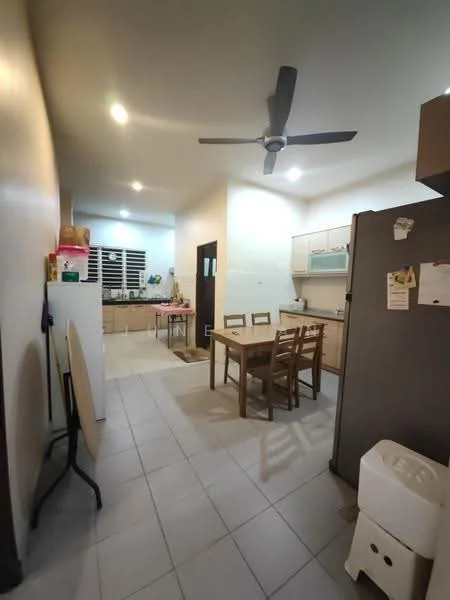 Kitchen features: white painted walls, tile flooring, 5-blade ceiling fan, recessed downlights, wood dining table with chairs, stainless-steel fridge, kitchen cabinets with countertop, sink, open layout to living area; style: modern.