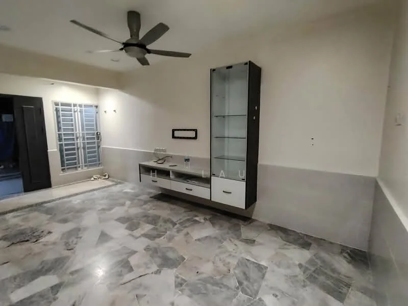 Room features: marble flooring, cream painted walls, ceiling fan, built-in wall cabinet with glass doors, wall-mounted TV console, window with security bars, light switches, power outlets; style: modern.