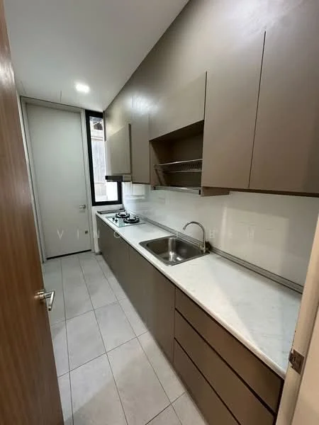 Kitchen features: brown cabinetry, white marble countertop, stainless-steel sink, chrome pull-down faucet, built-in gas stove, wall-mounted cabinets, tile backsplash, grey tile flooring, window for natural light, under-cabinet lighting; style: modern.