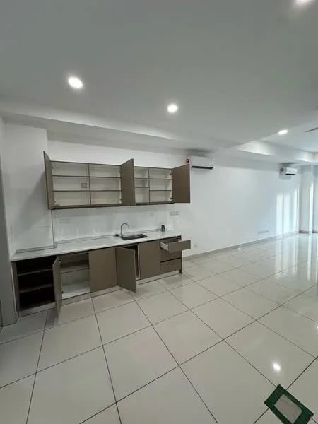 Kitchen features: white painted walls, glossy ceramic tile flooring, ceiling lights, stainless-steel sink, chrome pull-down faucet, laminate cabinetry in light brown, open shelving, built-in cabinets, 2 wall-mounted split ACs; style: modern.