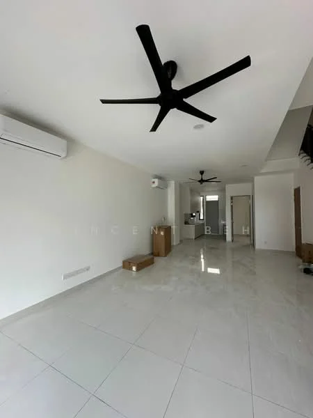 Living features: white painted walls, polished ceramic tile flooring, 5-blade ceiling fan with light, wall-mounted split AC, recessed downlights, open layout, large windows, neutral color scheme; style: modern.