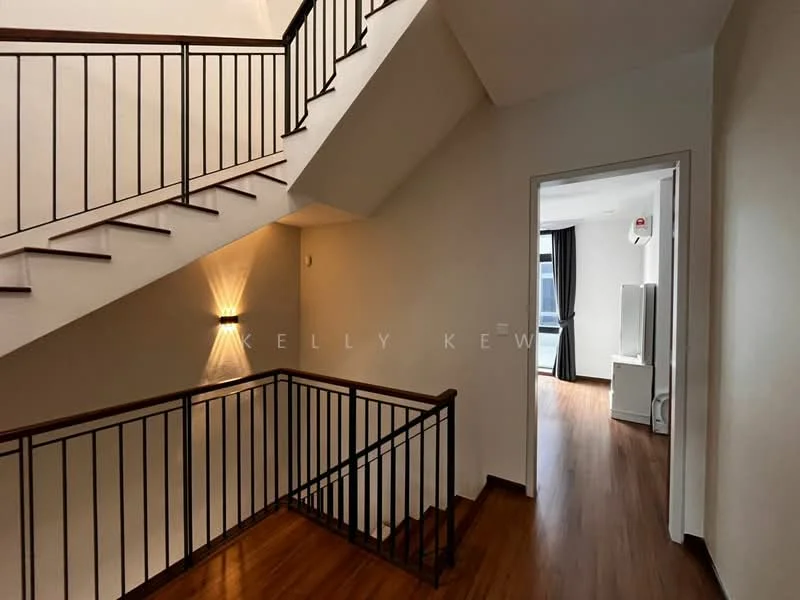 Room features: wooden flooring, white painted walls, staircase with wooden handrail, recessed wall lighting, open space, window with sheer curtains, doorway leading to another room, light fixture on wall; style: modern.