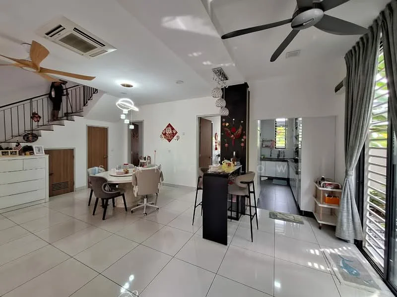 Dining features: round dining table, upholstered dining chairs, 5-blade ceiling fan with light, pendant lighting, white painted walls, tile flooring, decorative wall art, open layout to living area; style: modern. Living features: sofa, coffee table, TV console, wall-mounted TV, large windows with blinds, white painted walls, tile flooring, decorative plants; style: modern. Kitchen features: kitchen island, stainless-steel sink, built-in cabinets, countertop, stainless-steel appliances, tile flooring, window with natural light; style: modern.
