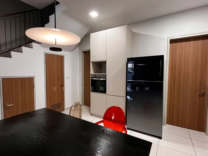 Kitchen features: white cabinetry, black countertop, stainless-steel fridge, built-in oven, ceramic tile flooring, recessed downlights, dining table, red plastic dining chair, wooden door, staircase, wall-mounted cabinets; style: modern.