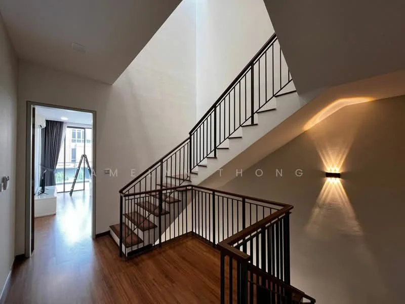Room features: wooden staircase with handrail, white painted walls, laminate flooring, recessed lighting, wall sconce, large window with natural light, open space, stair landing area; style: modern; view: garden.