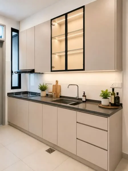 Kitchen features: light beige cabinetry, black countertop, double-bowl stainless-steel sink, chrome pull-down faucet, built-in oven, glass-front upper cabinets, under-cabinet lighting, tile flooring, window with black frame, wooden cutting board, decorative plants, bottle of olive oil, soap dispenser; style: modern.