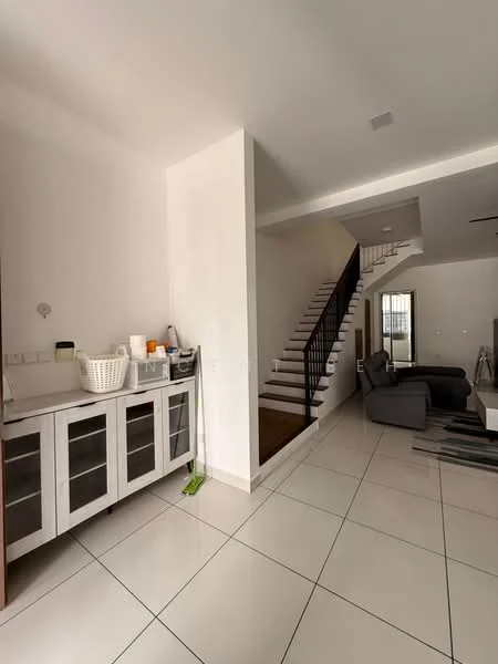 Room features: white painted walls, ceramic tile flooring, staircase with wooden steps and black railing, built-in cabinetry with glass doors, open space layout, natural light from windows, clean and minimalist decor; style: modern.
