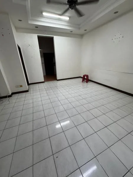 Room features: white painted walls, white tiled flooring, tray ceiling, ceiling fan, single red stool.