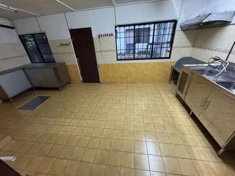 Kitchen features: ceramic tile flooring, white painted walls, double-bowl stainless-steel sink, chrome pull-down faucet, stainless-steel countertop, stainless-steel cabinets, window with black grille, overhead cabinets, kitchen ventilation hood, wall-mounted shelving.