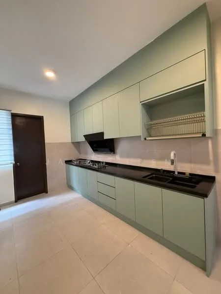Kitchen features: green cabinetry, black countertop, stainless-steel sink, chrome pull-down faucet, built-in gas stove, exhaust hood, open shelving, tile backsplash, ceramic tile flooring, recessed downlights, window with blinds; style: modern.