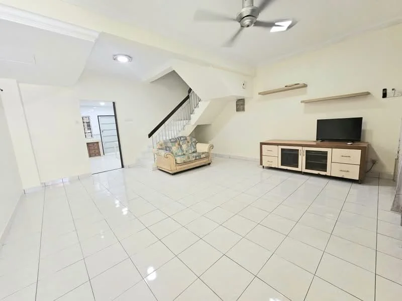 Living features: white painted walls, glossy ceramic tile flooring, 5-blade ceiling fan with light, sofa with floral pattern, wooden TV console with glass doors, wall-mounted TV, open shelving unit, staircase with white railing, recessed ceiling lights; style: modern.