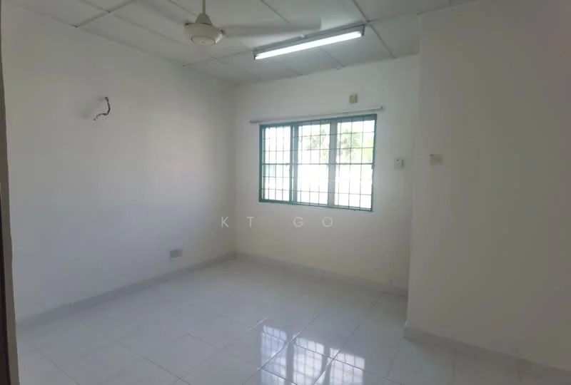 Room features: white painted walls, white ceiling, ceiling fan, window with grid design, white tiled flooring, light fixture, corner electrical outlet, natural light from window; style: minimalist; view: garden.