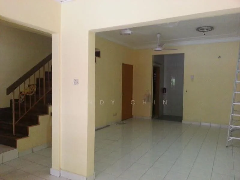 Room features: yellow painted walls, white tiled flooring, ceiling fan, staircase with wooden steps, doorway leading to another room, light fixture on ceiling, open layout, wall-mounted ladder, window with natural light.