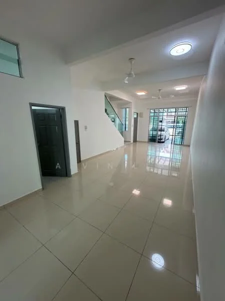 Room features: white painted walls, glossy ceramic tile flooring, recessed downlights, ceiling fan, large windows, double-door entrance, open layout, staircase visible, natural light, neutral color palette; style: modern.