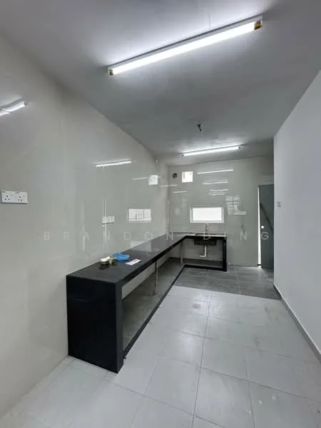Kitchen features: black countertop, white tiled backsplash, grey wall tiles, white painted walls, grey floor tiles, under-cabinet lighting, single-bowl stainless-steel sink, built-in cabinetry, open layout, fluorescent ceiling lights; style: modern.