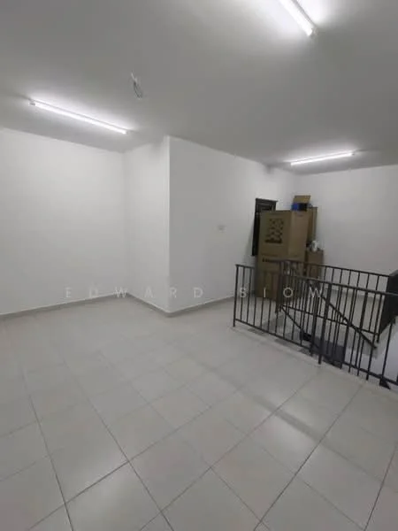 Room features: white painted walls, tile flooring, fluorescent ceiling lights, staircase with metal railing, empty space; style: modern.