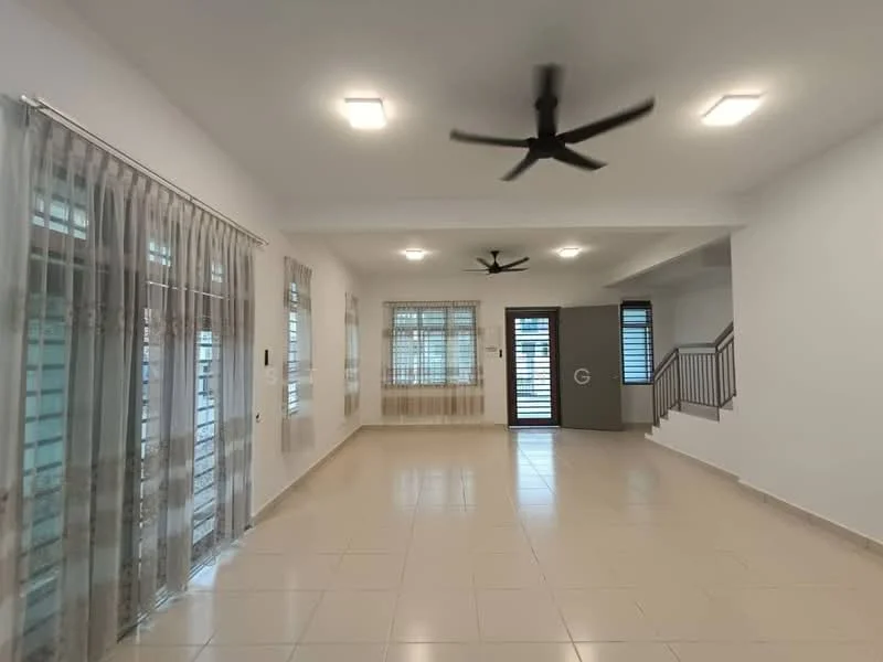 Living features: white painted walls, tile flooring, 2 ceiling fans, large windows with sheer curtains, sliding glass door, grey door, staircase, recessed ceiling lights; style: modern.
