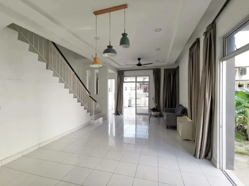 Living features: white painted walls, glossy white tile flooring, tray ceiling, 3-blade ceiling fan, pendant lights in green, yellow, and grey, large sliding glass door, floor-to-ceiling windows, curtains, staircase with white railing, sofa, side table; style: modern; view: garden.