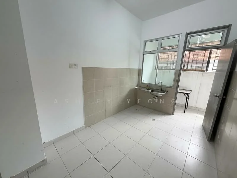 Laundry features: white painted walls, light grey tiled flooring, single-bowl stainless-steel sink, chrome faucet, window with metal frame, counter space, wall-mounted mirror, door leading to outdoor area.