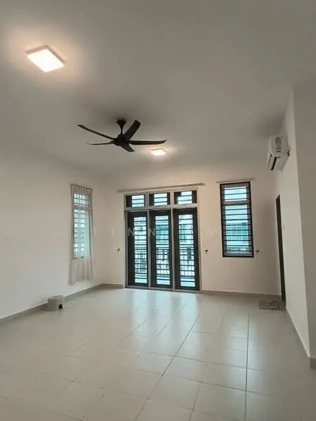 Living features: white painted walls, tile flooring, 5-blade ceiling fan, recessed LED downlights, floor-to-ceiling windows, sliding glass door, window treatments with horizontal slats, wall-mounted split AC; style: modern.
