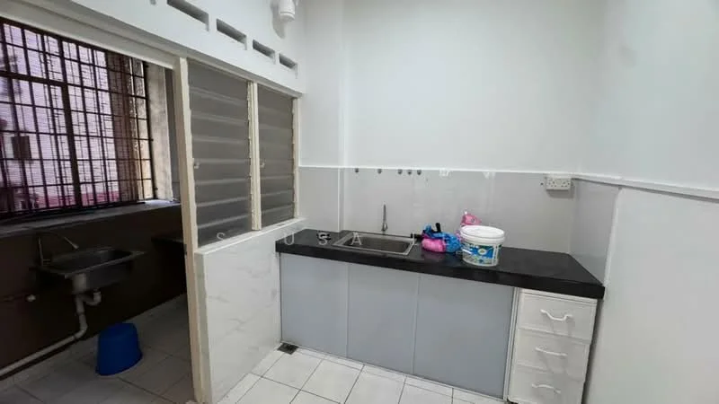 Kitchen features: black granite countertop, grey cabinetry, single-bowl stainless-steel sink, chrome faucet, white tiled backsplash, white tiled flooring, window with metal grilles, wall-mounted storage shelves, under-sink storage cabinet; style: modern.