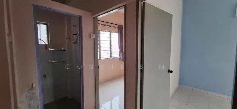 Room features: white painted walls, light blue painted walls, ceramic tile flooring, window with horizontal blinds, shower area with glass partition, door with handle, mirror on closet door.