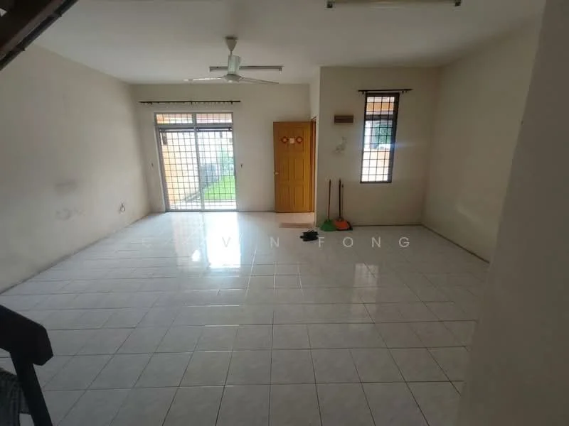 Living features: white painted walls, glazed ceramic tile flooring, ceiling fan, sliding glass door, window with grille, door with wooden frame, neutral color scheme, open layout; style: modern; view: garden.