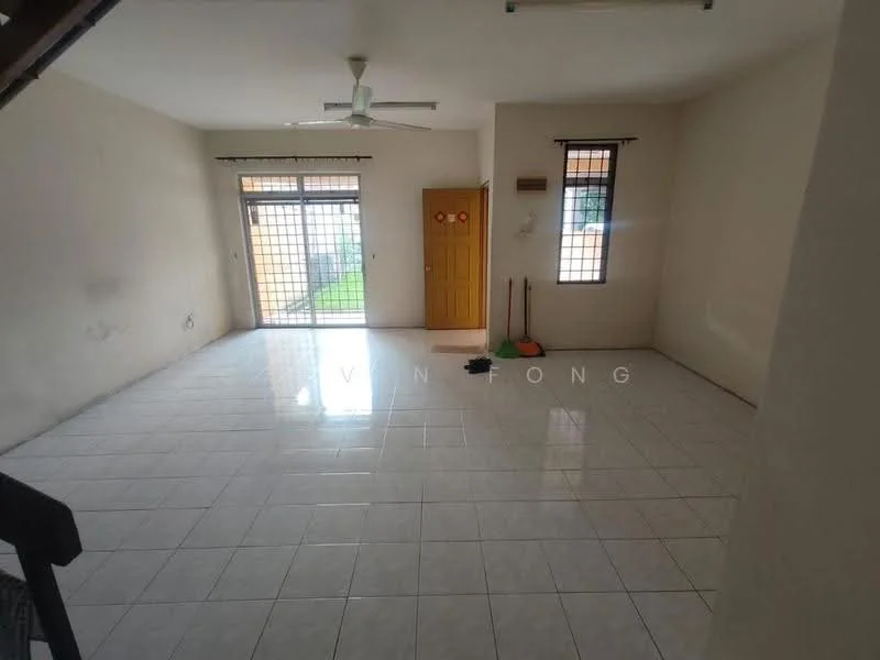 Living features: white painted walls, glossy ceramic tile flooring, ceiling fan, sliding glass door, window with grille, door with decorative panel, natural light from window, open layout; view: garden.