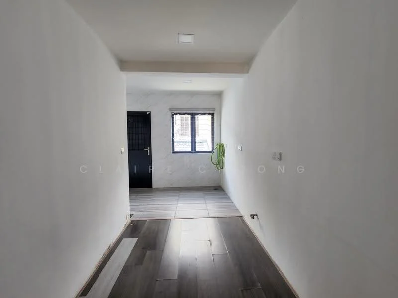 Room features: white painted walls, wooden flooring, recessed downlights, single window, door leading to another room, marble accent wall, neutral color scheme, long hallway layout; style: modern.