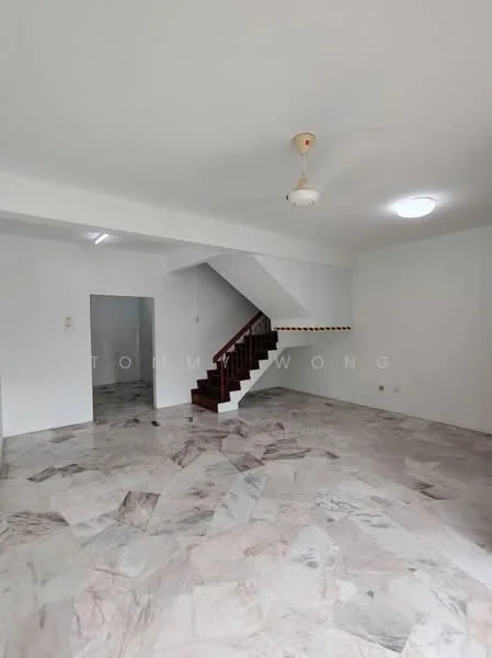 Living features: white painted walls, marble flooring, ceiling fan, recessed ceiling light, staircase with wooden steps, open layout, large windows, neutral color scheme; style: modern.