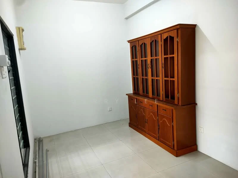 Room features: white painted walls, tile flooring, wooden cabinet with glass doors, empty space, single window, no visible lighting fixtures; style: minimalist.
