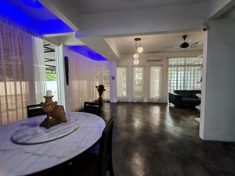 Living features: marble dining table, black dining chairs, recessed downlights, blue LED lighting, ceiling fan, floor-to-ceiling windows, sliding glass door, grey sofa, decorative wall shelving, textured wall finish, dark polished concrete flooring, sheer curtains; style: modern; view: garden.