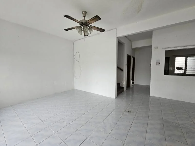 Living features: white painted walls, ceramic tile flooring, 5-blade ceiling fan, window with security bars, open layout, no visible furniture, neutral color scheme, natural light from window; style: minimalist.