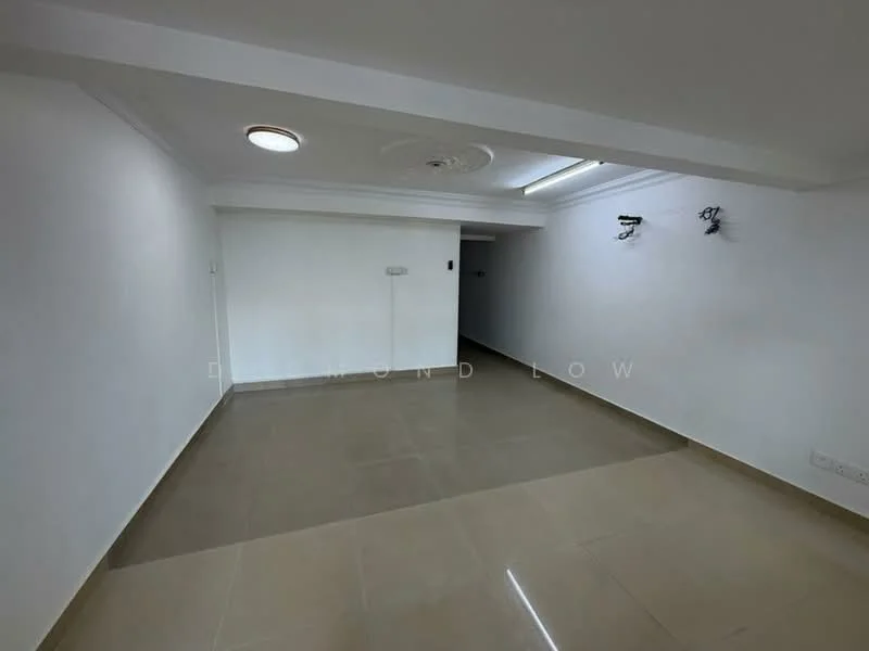 Room features: white painted walls, polished ceramic tile flooring, recessed ceiling lights, ceiling fan, no visible furniture or decor; style: modern.