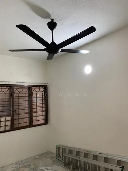 Room features: ceiling fan, white painted walls, window with grille, marble flooring, light fixture, ladder, natural light from window.