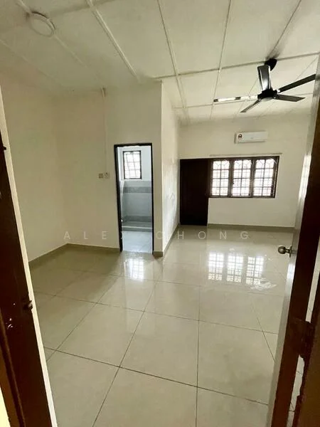 Room features: white painted walls, glossy ceramic tile flooring, 5-blade ceiling fan, wall-mounted split AC, window with grid pattern, door leading to another room, door leading outside, natural light from windows; style: modern.