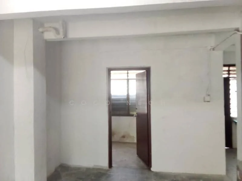 Room features: white painted walls, grey flooring, doorway, window, ceiling with exposed beams.