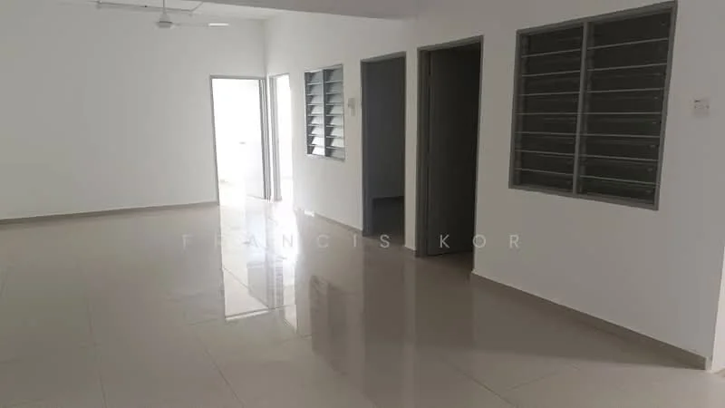 Room features: white painted walls, glossy ceramic tile flooring, ceiling fan, multiple windows with grilles, doorway leading to another room, doorway leading outside.