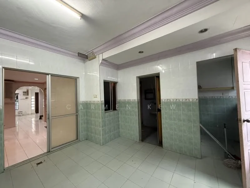 Kitchen features: green tiled walls, white tiled walls, white ceiling, light purple crown moulding, sliding glass door, floor tiles, open layout, built-in shelving, doorway to adjacent room.