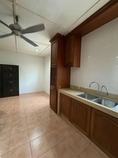 Kitchen features: double-bowl stainless-steel sink, chrome pull-down faucet, wood cabinetry, tile backsplash, ceramic tile flooring, 5-blade ceiling fan, wall-mounted cabinet, countertop space, light fixture on ceiling.